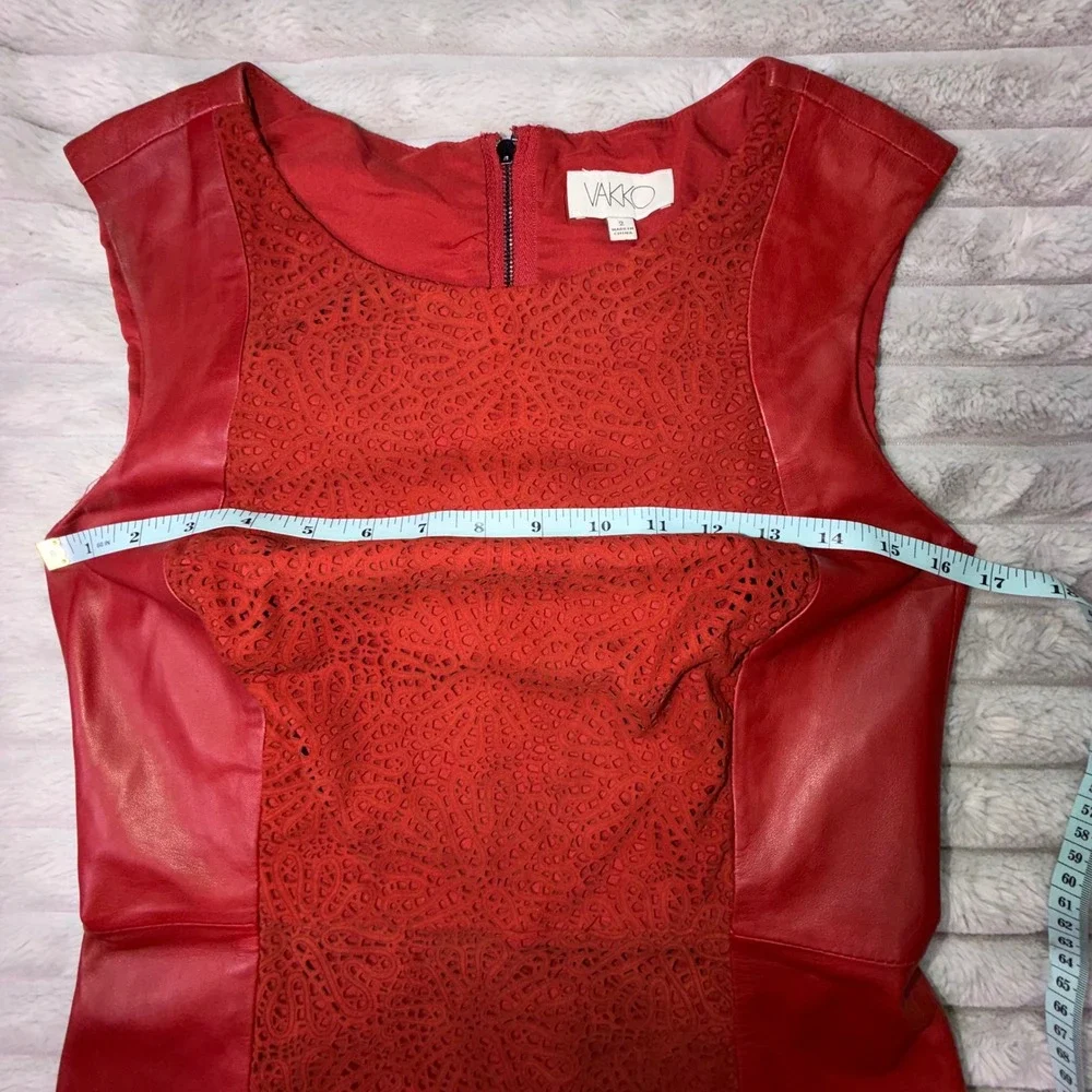 Vakko Women's 2 Red Leather Laser Cut Lace Front Sheath Dress Sleeveless 90s